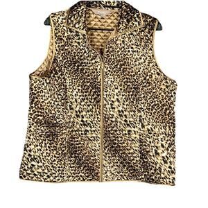 Tanjay Quilted Vest Womens Sz 16 Gold Black Leopard Print Zip Up Y2K Safari Wild